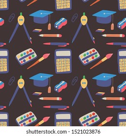 Seamless pattern back to school with hand drawn graphic elements. Learning, education backdrop. Wallpaper background. Colorful background vector.