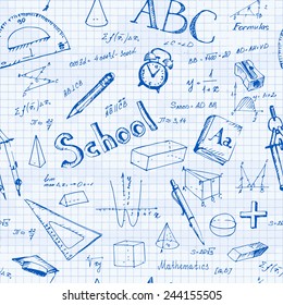 Seamless pattern back to school. Hand drawn school items. Vector illustration.