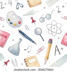 Seamless pattern. Back to school. Hand-drawn background with school supplies and creative elements