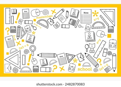 Seamless pattern of back to school illustrations, rectangular pattern in the middle and some school equipment vectors, in doodle style