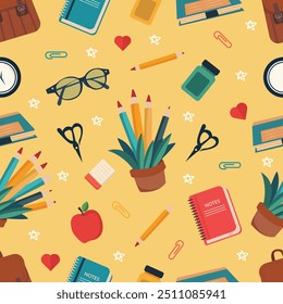 Seamless pattern of back to school including school supplies .Vector illustration