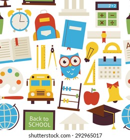 Seamless Pattern Back to School Objects over White. Flat Style Vector Seamless Texture Background. Collection of Science and Education Templates. University and College