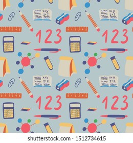 Seamless pattern back to school on blue background. Lunch, calculator, molecule, chemistry etc graphic elements. Modern wallpaper education backgdrop design. Vector hand drawn illustration.