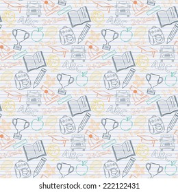 Seamless pattern Back to school on the notebook sheet in line,with:hat graduate, scroll, apple, books, flasks, basketball, alarm clock, briefcase, backpack, school bus, globe, ruler ,microscope