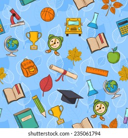 Seamless pattern Back to school on blue background with leaves,with:hat graduate, scroll, apple, books, flasks, basketball, alarm clock, briefcase, backpack, school bus, globe, ruler ,microscope