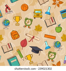 Seamless pattern Back to school on brown background with leaves,hat graduate, scroll, apple, books, flasks, basketball, alarm clock, briefcase, backpack, school bus, globe, ruler ,microscope