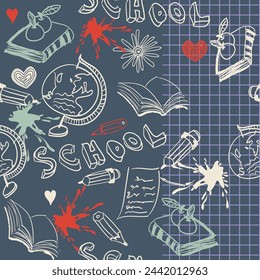 Seamless pattern Back to School. Sketchy Notebook Doodles with Lettering, books, globes- Hand-Drawn Vector Illustration Design Elements on Lined Sketchbook Paper Background.