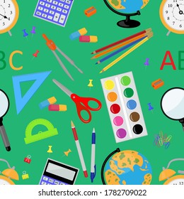 Seamless pattern Back to school stationery notebooks pencils pens paper clips eraser alarm clock protractor sharpener flask scissors calculator compass flasks alarm clock vector illustration