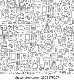 Seamless pattern back to school. Stationery, school accessories, books and art Supplies on white background. Vector illustration in hand doodle style