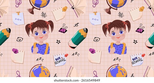 Seamless pattern back to school. School supplies and accessories. Background cell.