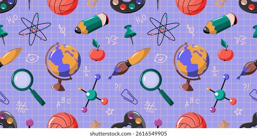 Seamless pattern back to school. School supplies and accessories. Background cell.