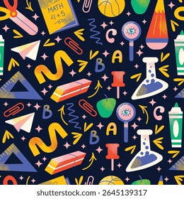 Seamless pattern back to school supplies tools scissors, pencil, eraser, paper plane, magnifying glass, math notebook, basketball, apple. Flat vector illustration. Education and learning concept