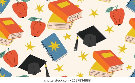 Seamless pattern in back to school theme with cartoon flat style books, student hat, red apple, notebook and tiny stars. Fun and colorful design great for kids, fabric, wrapping and school projects.
