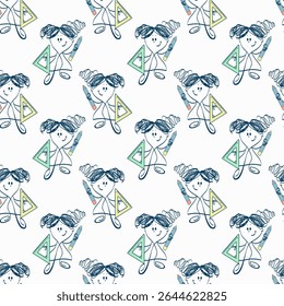 Seamless pattern with back to school theme. Girl, triangle, pencil