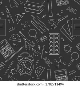 Seamless pattern back to school vector illustration black and white coloring. Stationery items paint pencils notebooks paper plane scissors sharpened calculator books ruler
