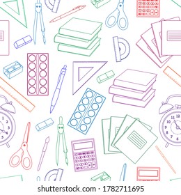 Seamless pattern back to school vector illustration. Stationery draw with pencils notebooks paper planers scissors sharpened calculator books rulers