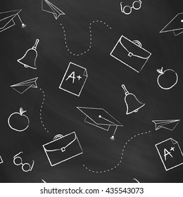 Seamless pattern back to school. Vector black blackboard written with white chalk cap, hat, bag, apple, Paper Airplane, rating A. School background for design covers notebooks and textbooks