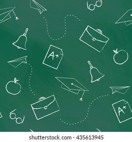 Seamless pattern back to school. Vector green blackboard written with white chalk cap, hat, bag, apple, Paper Airplane, rating A. School background for design covers notebooks and textbooks