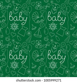 Seamless pattern back to the story. Hand-drawn illustrations for a little boy and a little girl. Children's drawings and toys.