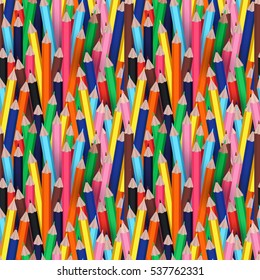 Seamless pattern or backdrop with colorful, multicolor realistic pencils objects