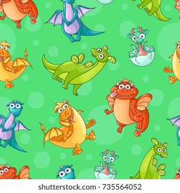 Seamless pattern, backdrop design with funny hand drawn cartoon dragon characters, vector illustration on colorful background. Funny comic, cartoon style dragon characters, seamless pattern