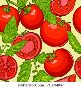 Seamless pattern, backdrop design of with ripe red tomatoes