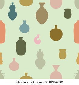 Seamless pattern backdrop with set of abstract ceramic vase shapes. Various pottery ceramic jugs in warm boho colors. Contempory modern vector background design.