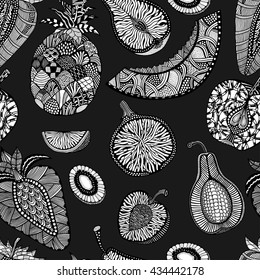 Seamless pattern backgroud of fruit. Plant. Exotic fruit. Line art. Monochrome Hand drawn. Doodle vector illustration.