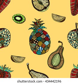 Seamless pattern backgroud of fruit. Plant. Exotic fruit. Line art. Colored Hand drawn. Doodle vector illustration.