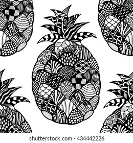 Seamless pattern backgroud of pineapple. Plant. Exotic fruit. Line art. Monochrome Hand drawn. Doodle vector illustration.