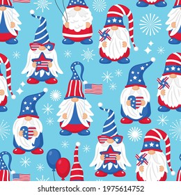 Seamless pattern background for 4th of July USA Independence day with cute gnome character. Template for wrapping paper, party invitations and cards.