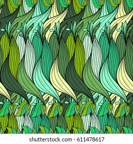 Seamless pattern background with abstract braids, knots, leaves, flowers. Hand Draw illustration