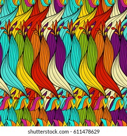 Seamless pattern background with abstract braids, knots, leaves, flowers. Hand Draw illustration