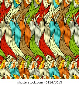 Seamless pattern background with abstract braids, knots, leaves, flowers. Hand Draw illustration