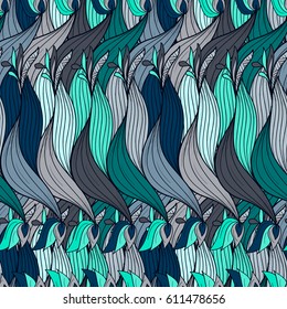 Seamless pattern background with abstract braids, knots, leaves, flowers. Hand Draw illustration