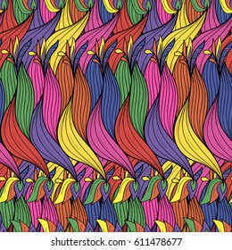 Seamless pattern background with abstract braids, knots, leaves, flowers. Hand Draw illustration