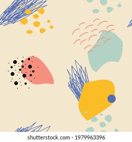 Fondo de patrón sin brillo con formas, puntos y puntos coloridos abstractos.  Ilustración vectorial.