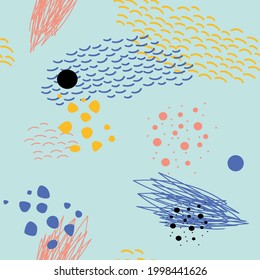 Seamless pattern background with abstract  colorful shapes, dots and spots, waves and doodles on blue background. Vector illustration.