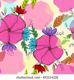 Seamless pattern background with abstract doodle flowers. Boho style