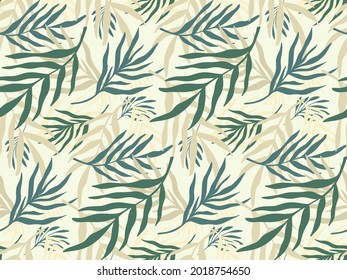 Seamless pattern background with abstract hand drawn plant silhouette. Tropical foliage palm tree branch minimalist vector boho floral backdrop texture. Design for tourism, summer, vacation, beach.