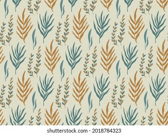 Seamless pattern background with abstract hand drawn plant silhouette. Tropical foliage, palm tree branch minimalist texture. Vector boho floral backdrop texture