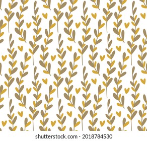 Seamless pattern background with abstract hand drawn plant silhouette. Cute round branch minimalist vector boho brown yellow floral backdrop with hearts. Botanical texture for textile, print