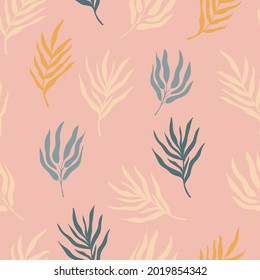 Seamless pattern background with abstract hand drawn plant silhouette. Tropical foliage palm tree branch minimalist vector boho floral backdrop texture. Cute pink vector summer texture wallpaper.