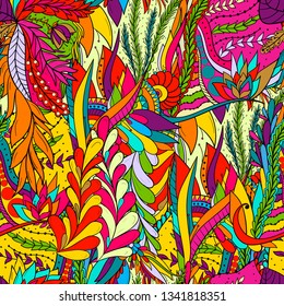 Seamless pattern background with abstract leaves and flowers. Hand drawn illustration