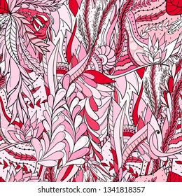 Seamless pattern background with abstract leaves and flowers. Hand drawn illustration