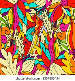 Seamless pattern background with abstract leaves and flowers. Hand drawn illustration