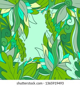 Seamless pattern background with abstract leaves and flowers. Hand drawn illustration