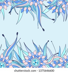 Seamless pattern background with abstract leaves and flowers. Hand drawn illustration. Greeting card