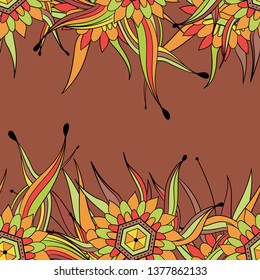 Seamless pattern background with abstract leaves and flowers. Hand drawn illustration. Greeting card