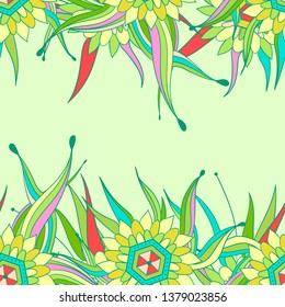 Seamless pattern background with abstract leaves and flowers. Hand drawn illustration. Greeting card